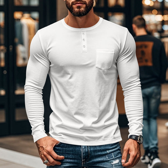 Herren Langarmshirt mit Knopfleiste und Brusttasche Heidi-Mode