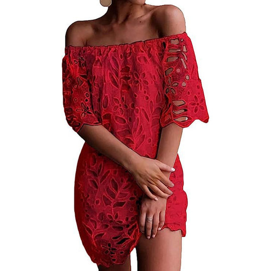 Damen Off-Shoulder Kleid mit floralen Cut-Outs und luftigen Ärmeln Heidi-Mode