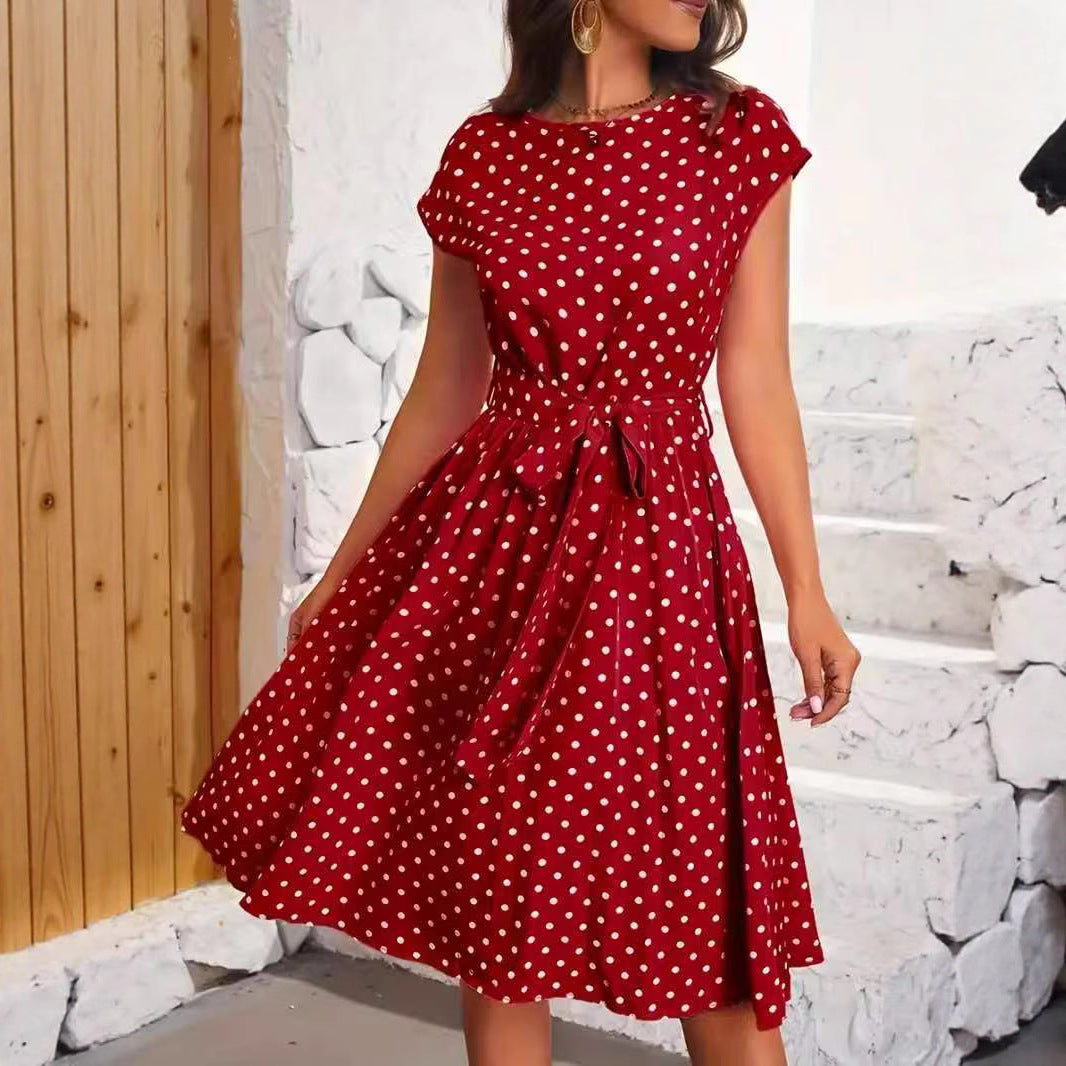 Damen Midikleid mit taillierendem Bindegürtel und verspieltem Polka-Dots Design Heidi-Mode