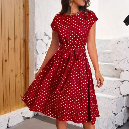 Damen Midikleid mit taillierendem Bindegürtel und verspieltem Polka-Dots Design Heidi-Mode