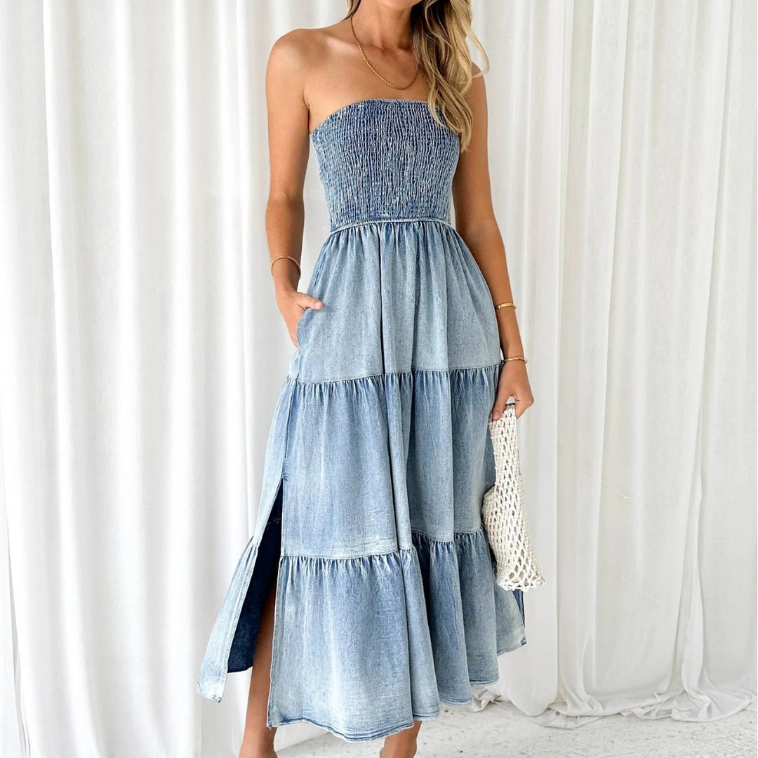 Damen Maxi Kleid mit strukturierter Oberpartie und weit schwingendem Rock Heidi-Mode