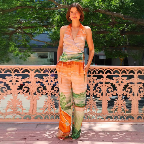 Damen Hose mit elegantem Wickeloberteil und floralen Mustern Heidi-Mode