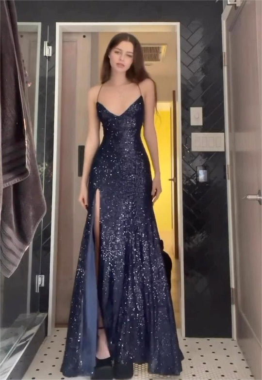 Damen Glamouröses Abendkleid mit funkelndem Paillettenbesatz und elegantem Schlitz Heidi-Mode