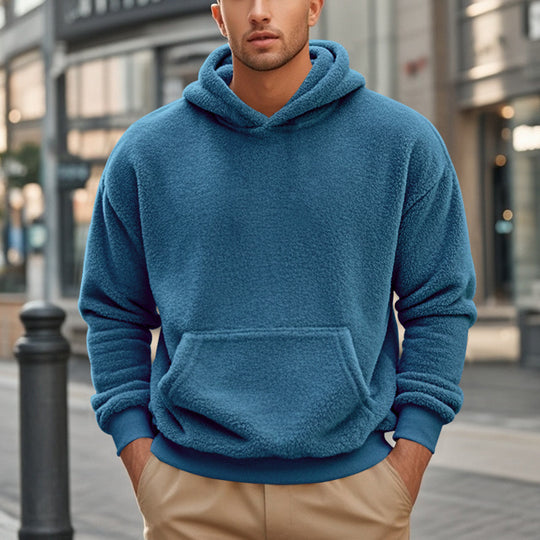 Herren Hoodie aus kuscheligem Teddy-Fleece mit Kängurutasche und breiten Bündchen Heidi-Mode