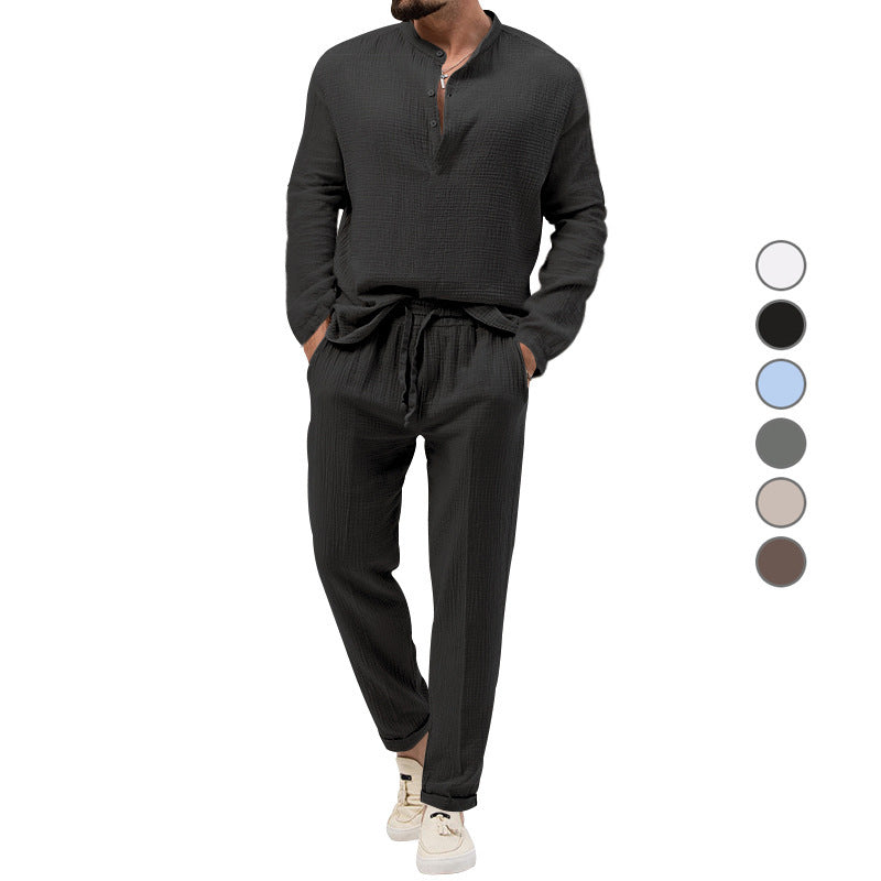 Herren Freizeit-Set aus atmungsaktivem Material mit Knopfleiste und elastischem Bund Heidi-Mode