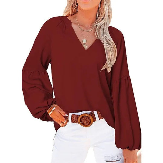 Damen Bluse mit weitem Ballonärmel und elegantem V-Ausschnitt Heidi-Mode