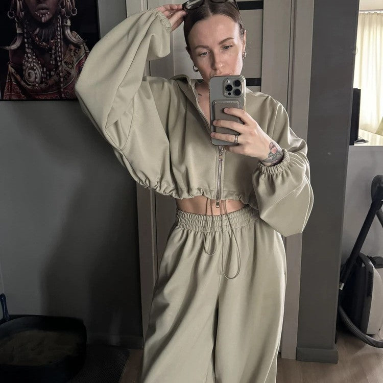 Damen Lässiger Cropped Hoodie mit hoher Taille und weitem Hosen Heidi-Mode