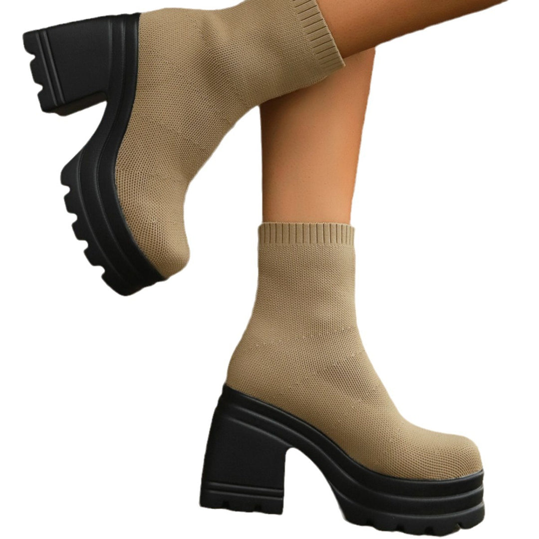 Damen Strick-Stiefeletten mit farbenfrohem Akzent und robustem Blockabsatz Heidi-Mode