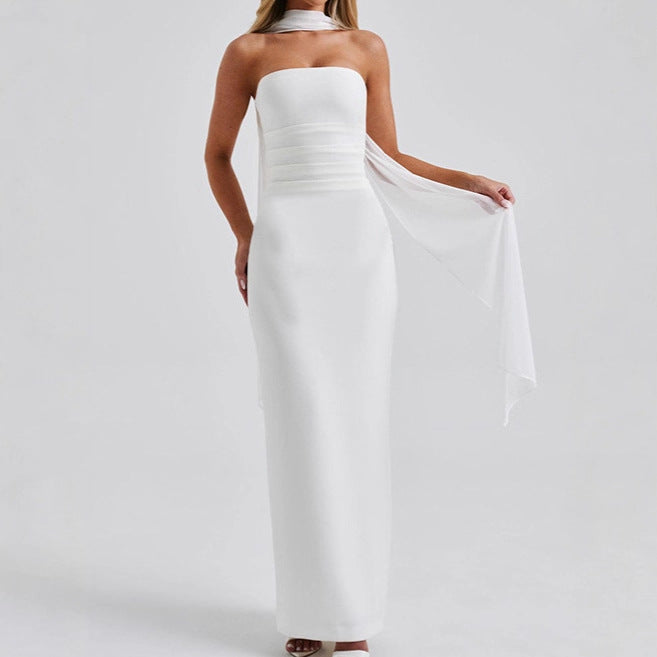 Damen Strapless Maxi-Kleid mit transparenten Ärmelakzenten und figurbetontem Schnitt Heidi-Mode
