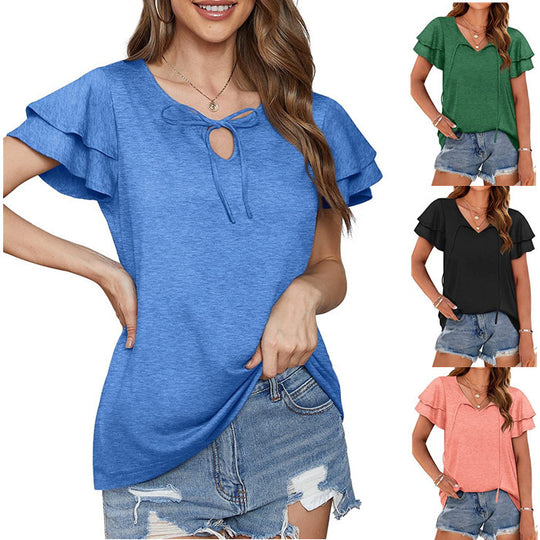 Damen lässiges V-Ausschnitt T-Shirt mit verspielten Rüschendetails und verstellbarem Kordelzug Heidi-Mode