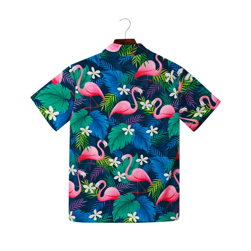 Herren Kurzarmhemd mit lebendigem Flamingo-Muster und atmungsaktiver Baumwolle Heidi-Mode