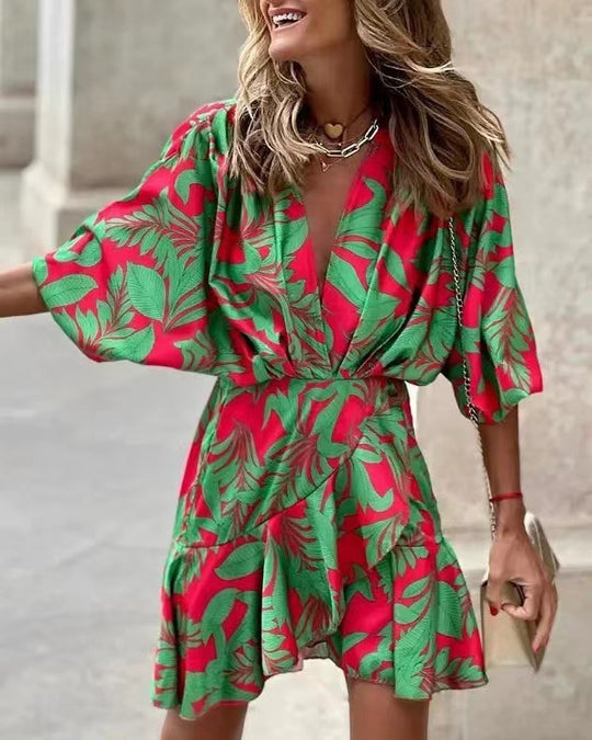 Damen Lässiges Wickelkleid mit voluminösen Ärmeln und modischem Tierdruck Heidi-Mode
