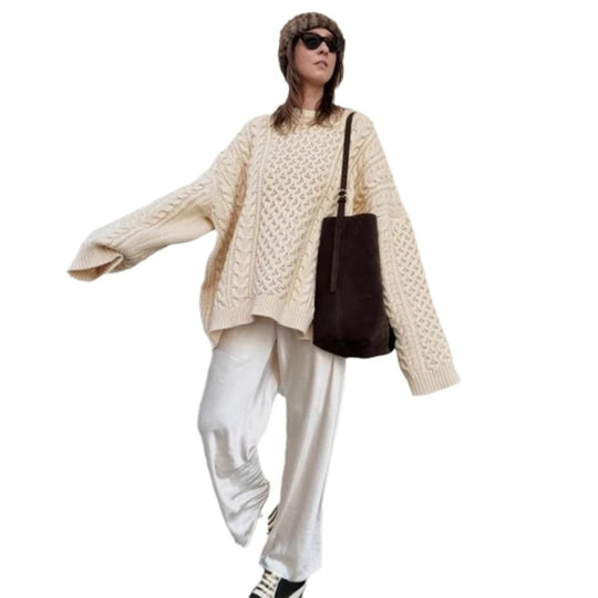 Damen oversize Strickpullover mit Zopfstrickmuster Heidi-Mode