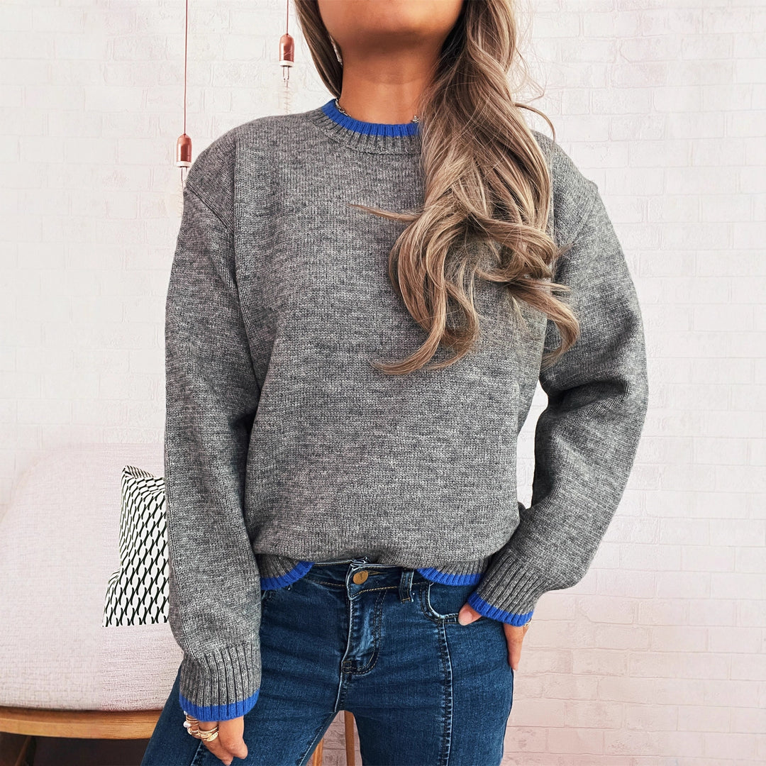 Damen gemütlicher Strickpullover mit kontrastierenden Bündchen und lässigem Schnitt Heidi-Mode