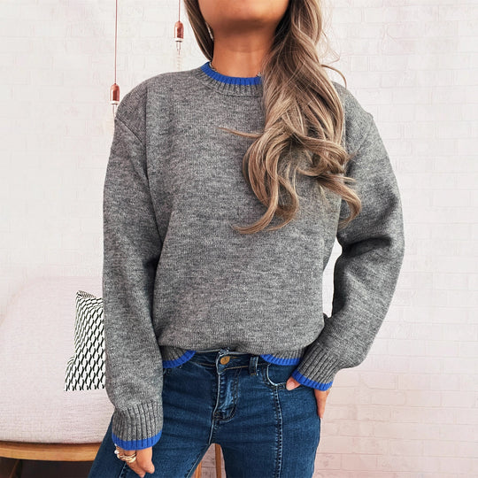 Damen gemütlicher Strickpullover mit kontrastierenden Bündchen und lässigem Schnitt Heidi-Mode