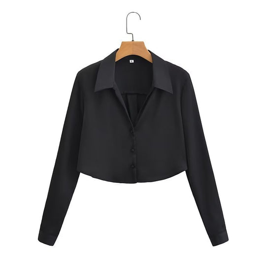 Damen Crop-Bluse mit elegantem Kragen und durchgehendem Knopfverschluss Heidi-Mode
