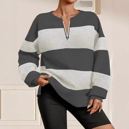 Damen Langarm Sweatshirt mit modernem Reißverschluss und gestreiftem Design Heidi-Mode