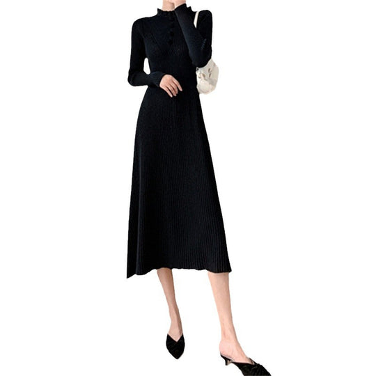 Damen Midi-Strickkleid mit hohem Kragen und Knopfdetails Heidi-Mode