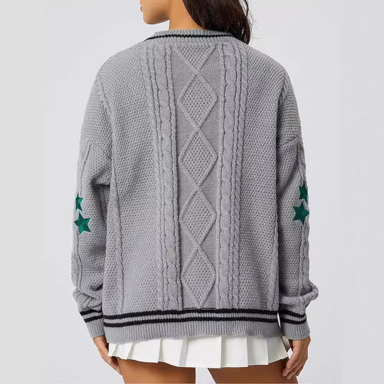 Damen Grob gestrickte Cardigan mit Sternenapplikationen und Knopfverschluss Heidi-Mode