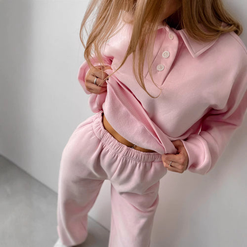 Damen lässiges Sweatshirt- und weite Jogginghose-Set mit modernem Kragen Heidi-Mode