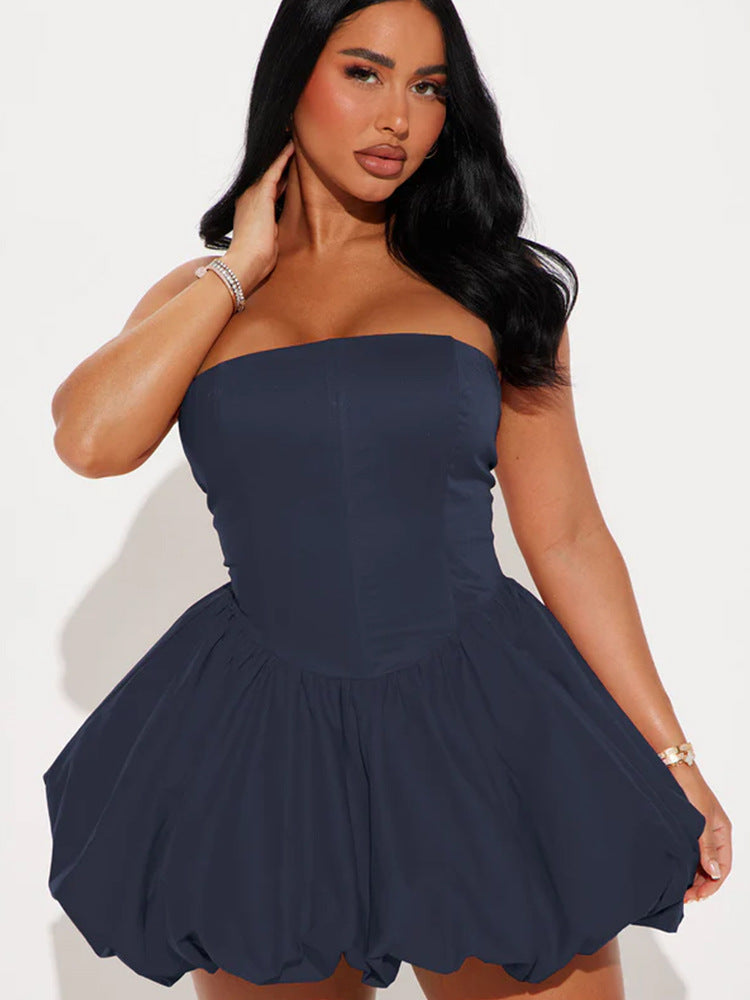 Damen Trägerloses Babydoll-Kleid mit voluminösem Saum Heidi-Mode