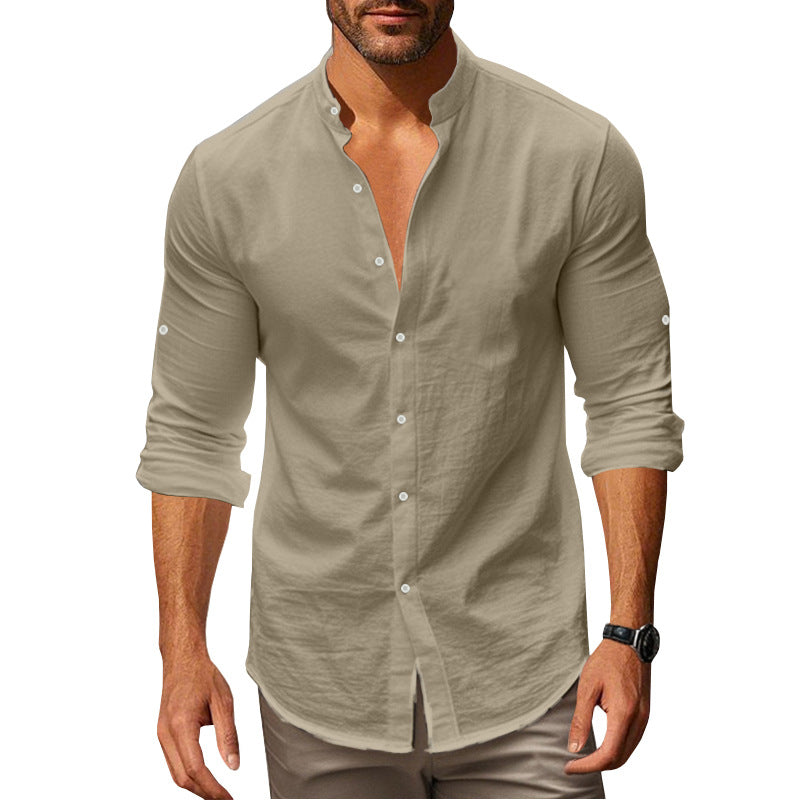 Herren Langarm-Hemd mit modischem Stehkragen und Knopfdetails Heidi-Mode