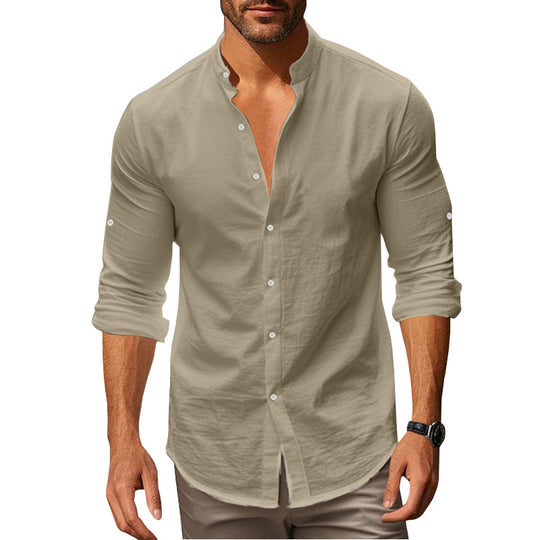 Herren Langarm-Hemd mit modischem Stehkragen und Knopfdetails Heidi-Mode