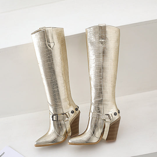 Damen kniehohe Stiefel mit Krokodilprägung und Blockabsatz Heidi-Mode