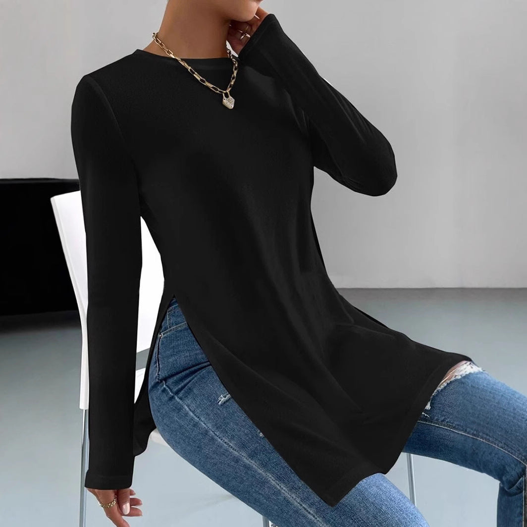 Damen asymmetrisches Longsleeve-Oberteil mit seitlichen Schlitzen und lässigem Schnitt Heidi-Mode