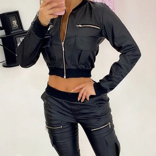 Damen cropped Jacke mit seitlichen Reißverschlusstaschen und elastischem Bund Heidi-Mode