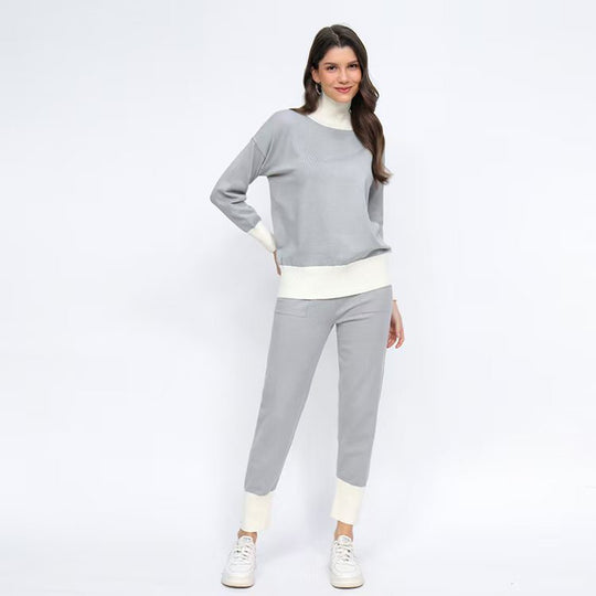 Damen komfortables Strick-Loungewear-Set mit hohem Kragen und elastischen Bündchen Heidi-Mode