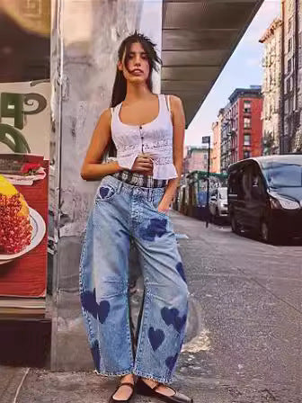 Damen weite Jeans mit Herzen-Details und entspanntem Schnitt Heidi-Mode