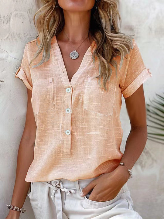 Damen Kurzarm Leinenbluse mit Knopfdetails Heidi-Mode