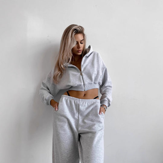 Damen lässiges Freizeit-Set mit cropped Hoodie und weiten Hosen Heidi-Mode