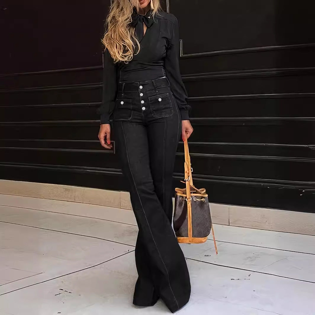 Damen High-Waist Schlagjeans mit Knopfdetails Heidi-Mode