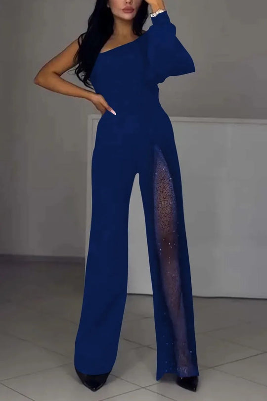 Damen Eleganter Jumpsuit mit transparenten Einsätzen und Pailletten Heidi-Mode