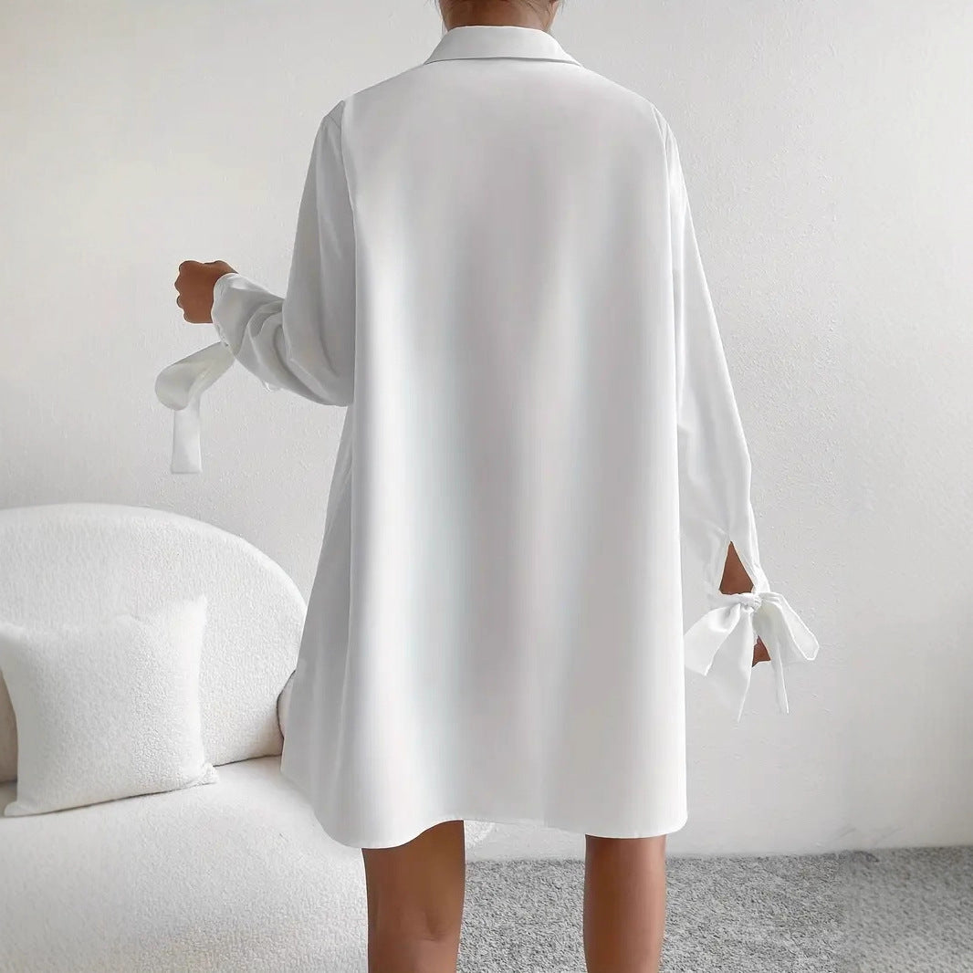 Damen Hemdblusenkleid mit eleganten Bändern an den Ärmeln Heidi-Mode