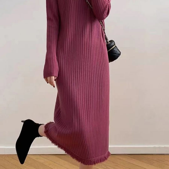 Damen Strickkleid mit hohem Kragen und Rippenstruktur Heidi-Mode