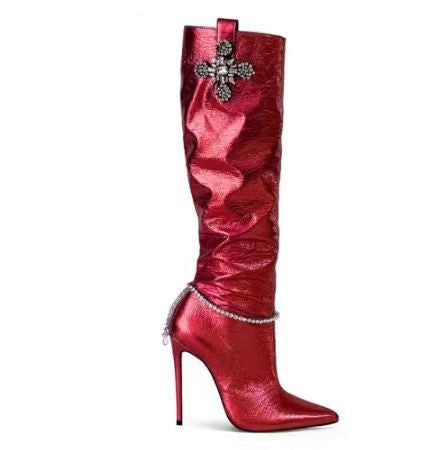 Damen Slouchy Stiletto Oberschenkelhohe Stiefel mit dekorativem Akzent Heidi-Mode