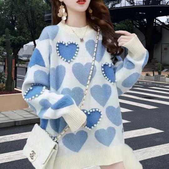 Damen Gemusterter Strickpullover mit Herz-Applikationen und Rippkragen Heidi-Mode