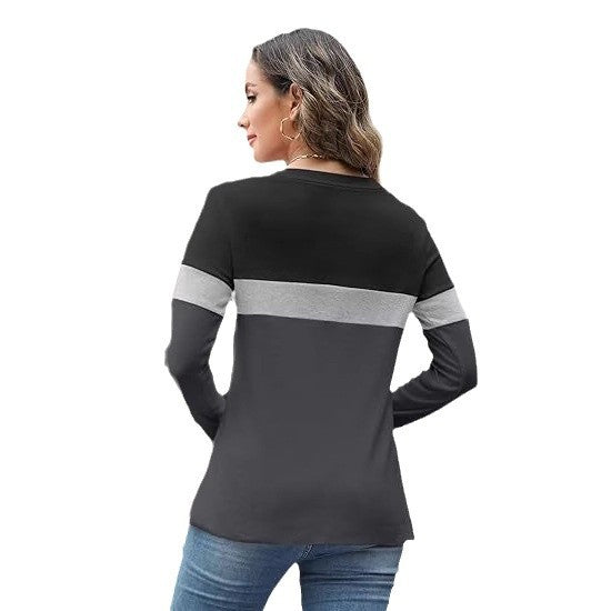 Damen Langarmshirt mit V-Ausschnitt und modernen Farbblöcken Heidi-Mode