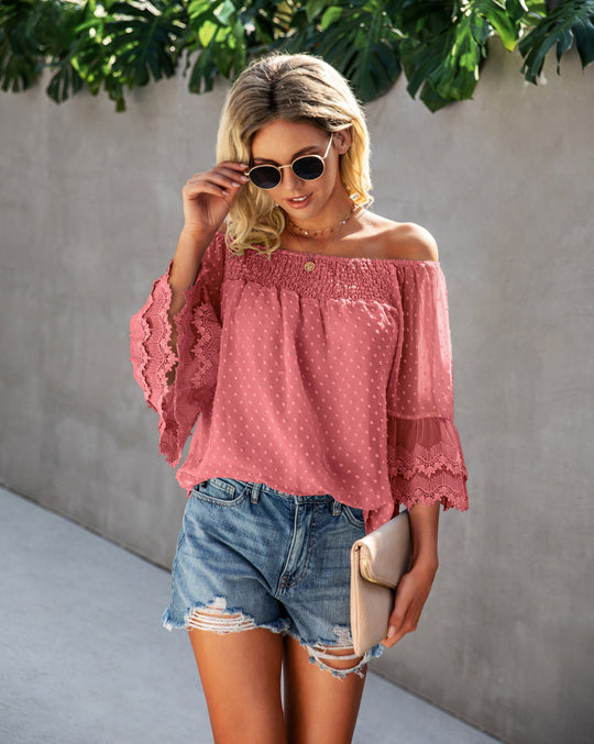 Heidi-Mode | Off-Schulter Flares Ärmel Rüsche Chiffon Tops