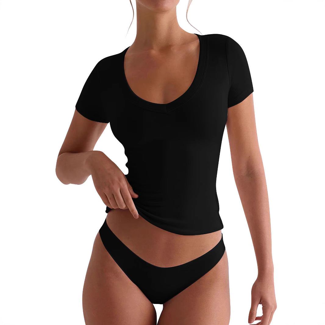 Damen figurbetontes V-Neck T-Shirt mit kurzen Ärmeln Heidi-Mode