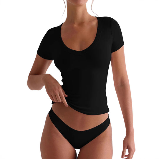 Damen figurbetontes V-Neck T-Shirt mit kurzen Ärmeln Heidi-Mode