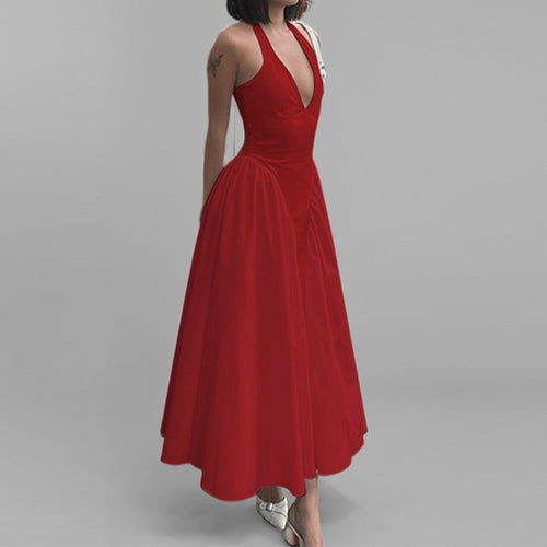Damen Maxikleid mit tiefem V-Ausschnitt und schwingendem Rock Heidi-Mode