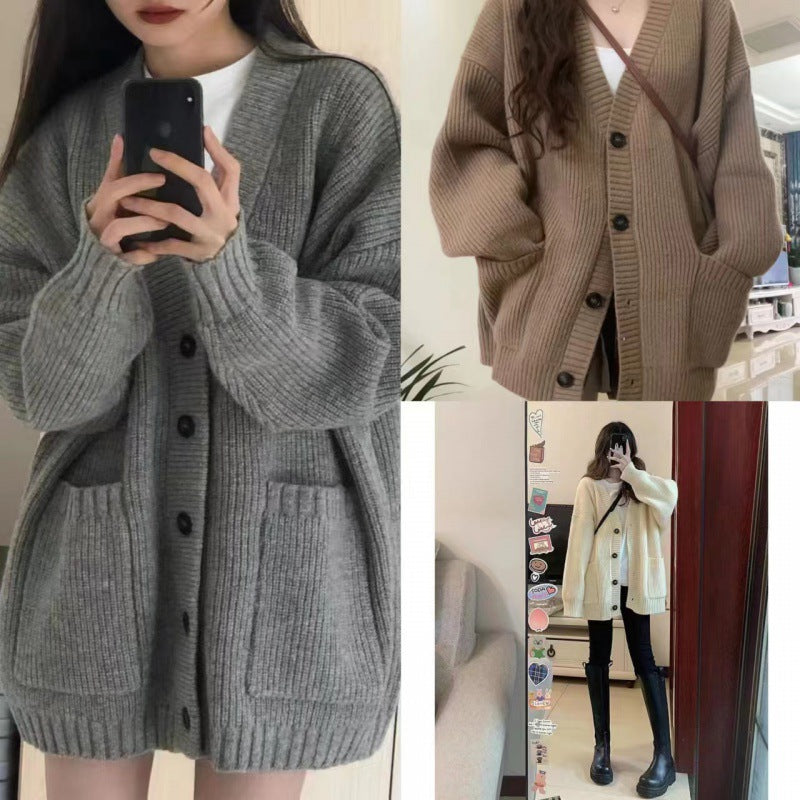 Damen Grobstrick Cardigan mit Taschen und tiefem V-Ausschnitt Heidi-Mode
