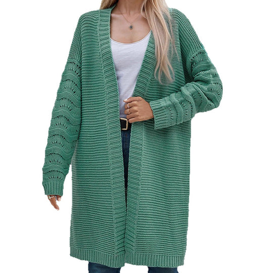 Damen Langer Strickcardigan mit luftiger Maschenstruktur und offener Front Heidi-Mode