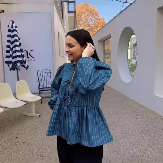 Damen gestreifte Bluse mit voluminösen Puffärmeln und tailliertem Schnitt Heidi-Mode