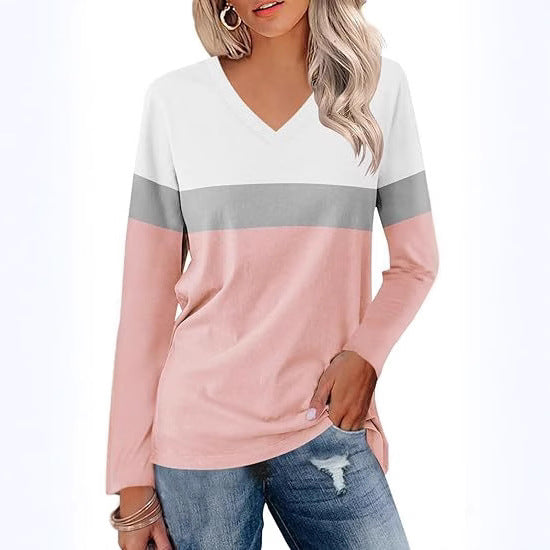 Damen Langarmshirt mit V-Ausschnitt und modernen Farbblöcken Heidi-Mode