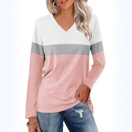 Damen Langarmshirt mit V-Ausschnitt und modernen Farbblöcken Heidi-Mode